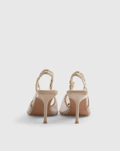 Beige Embellished Slingback Court Heels