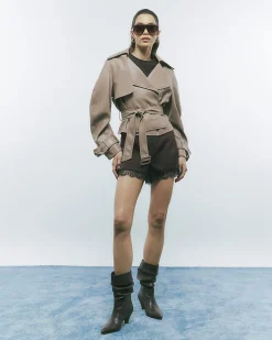 Beige Faux Leather Belted Trench Jacket