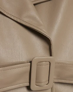 Beige Faux Leather Belted Trench Jacket