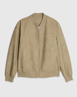 Beige Faux Leather Bomber Jacket