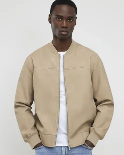 Beige Faux Leather Bomber Jacket
