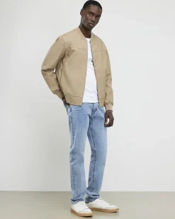 Beige Faux Leather Bomber Jacket