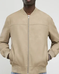Beige Faux Leather Bomber Jacket