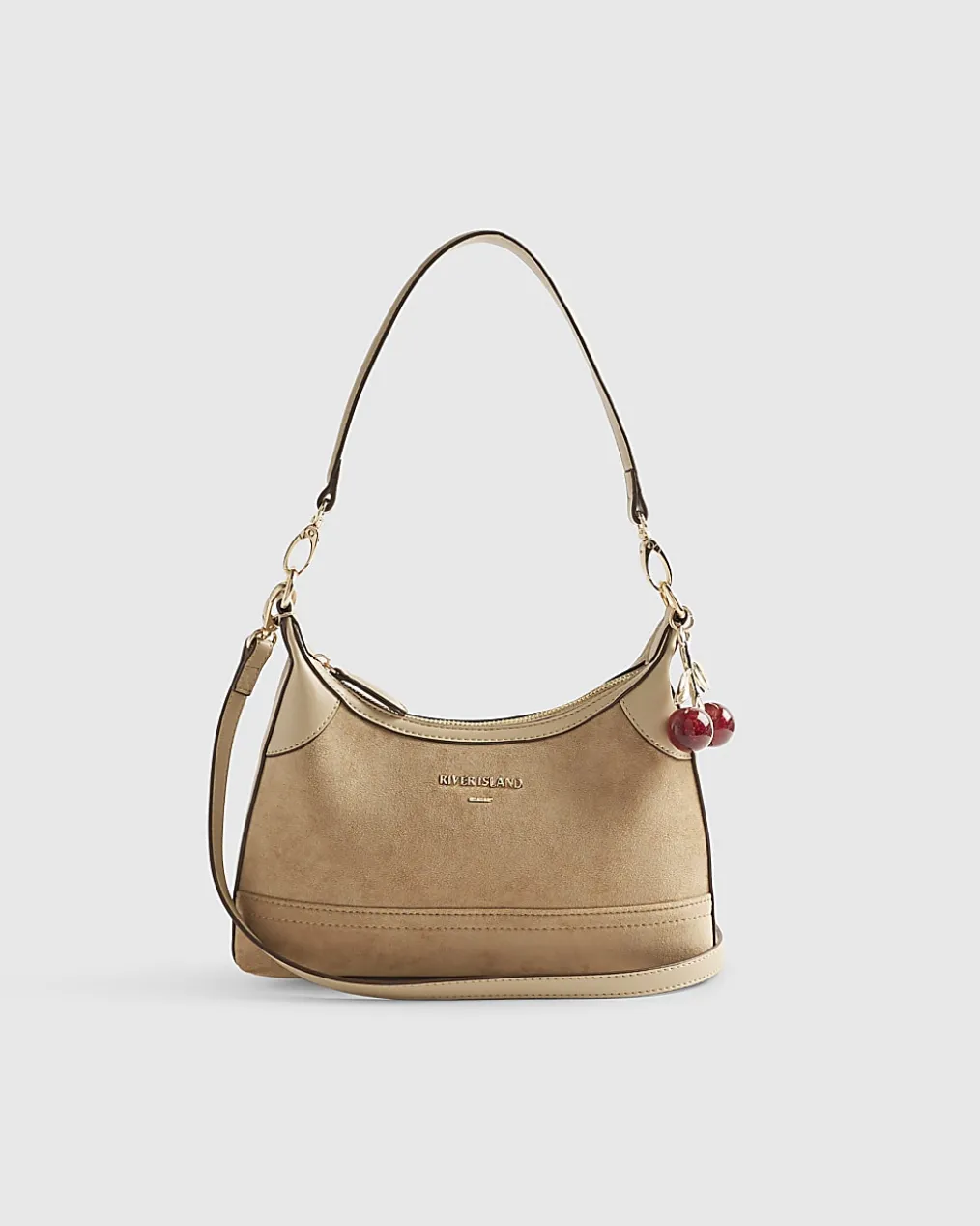 Beige Faux Suede Cherry Charm Shoulder Bag