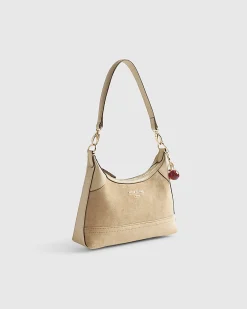 Beige Faux Suede Cherry Charm Shoulder Bag