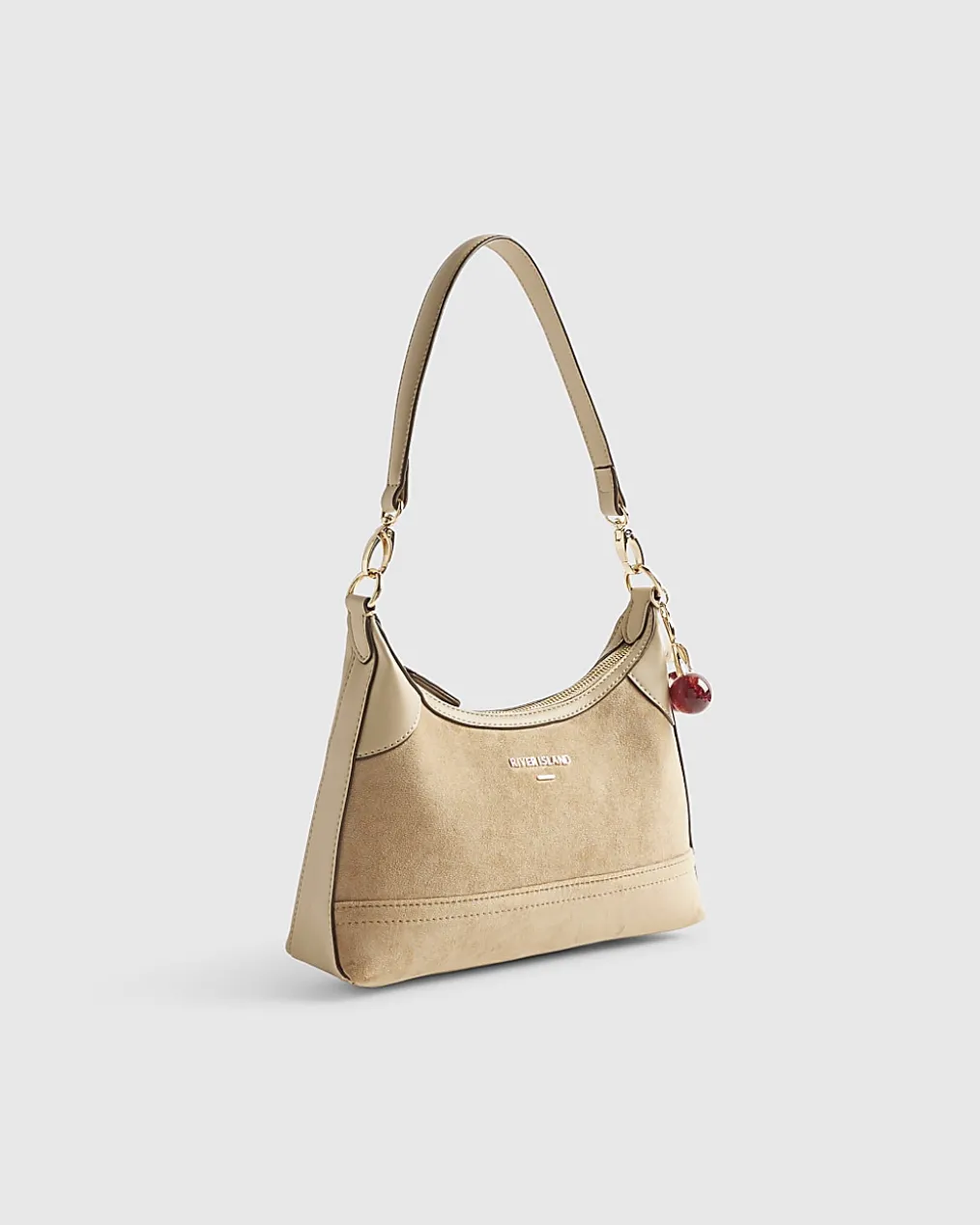 Beige Faux Suede Cherry Charm Shoulder Bag