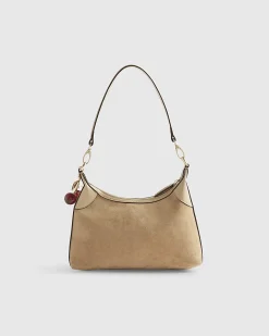 Beige Faux Suede Cherry Charm Shoulder Bag
