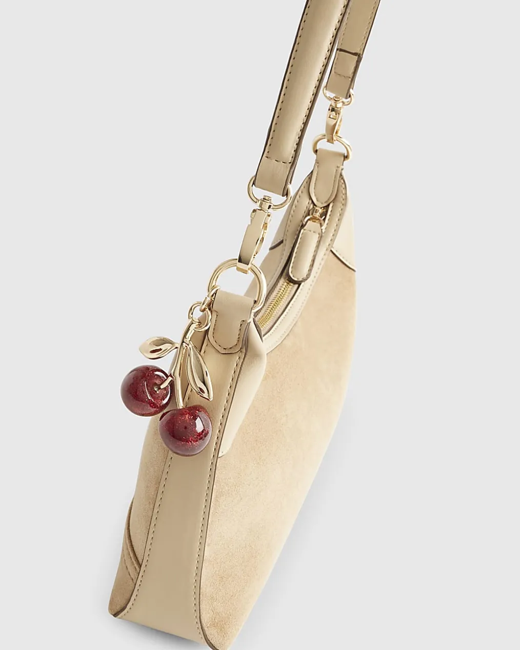 Beige Faux Suede Cherry Charm Shoulder Bag