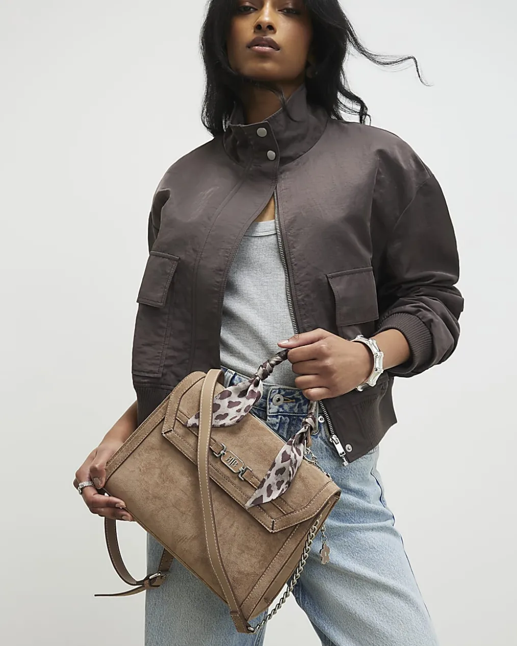 Beige Faux Suede Crossbody Tote bag