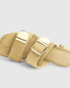 Beige Faux Suede Double Buckle Mule Sandal