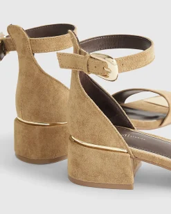 Beige Faux Suede Low Block Heel Sandals