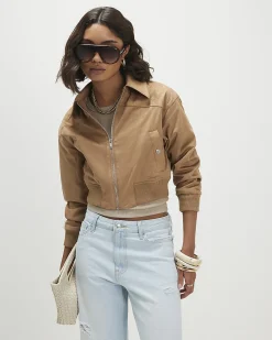 Beige Faux Suede Ribbed Hem Bomber Jacket