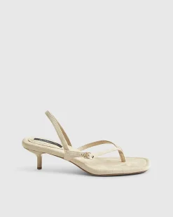 Beige Faux Suede Toe Thong Heeled Sandals