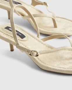 Beige Faux Suede Toe Thong Heeled Sandals
