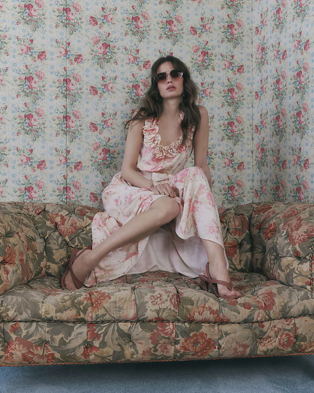 Beige Floral Corsage Tiered Maxi Dress