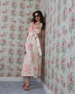 Beige Floral Corsage Tiered Maxi Dress