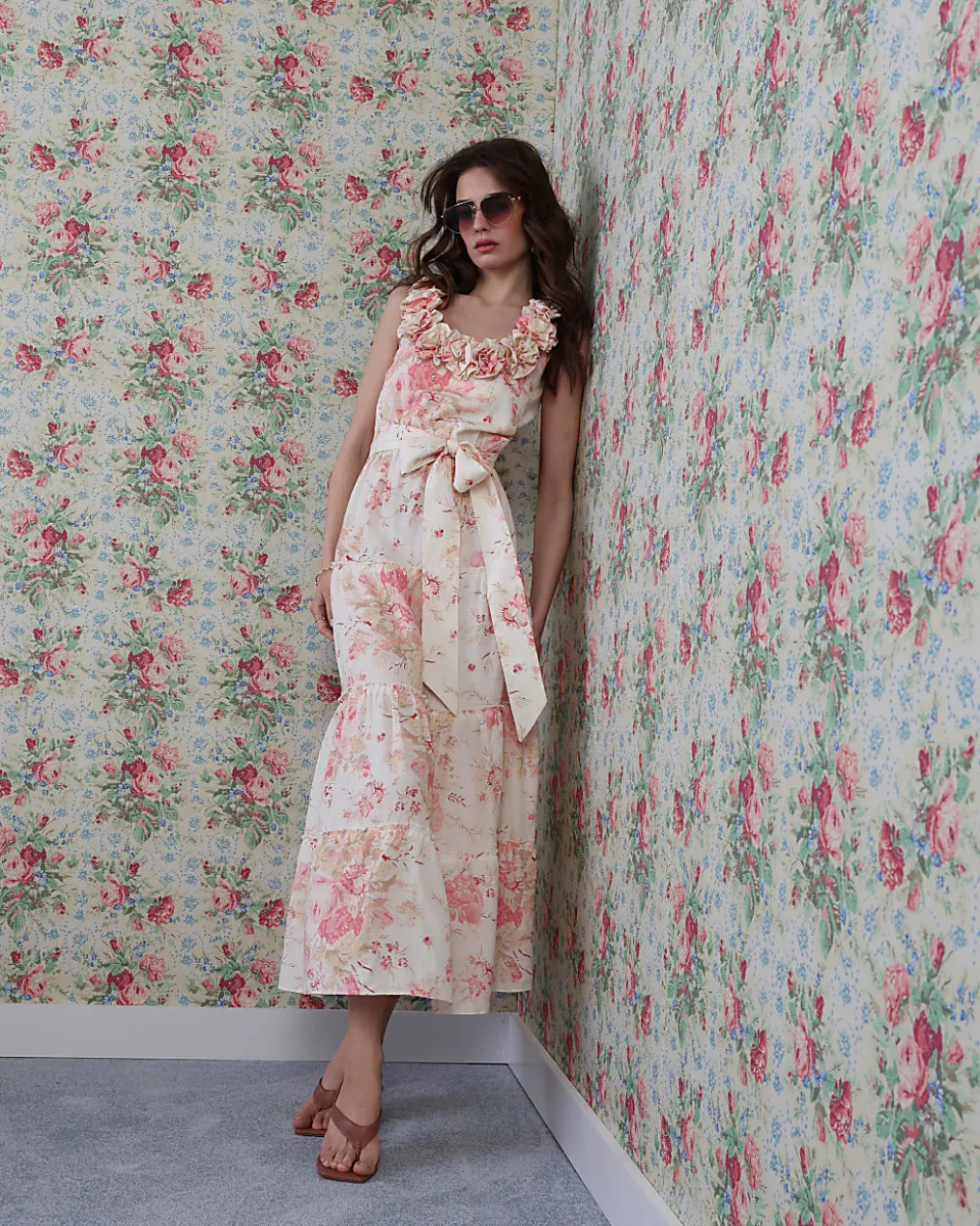 Beige Floral Corsage Tiered Maxi Dress