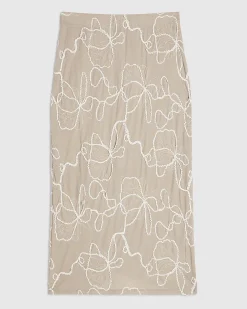 Beige Floral Embroidered Midi Skirt