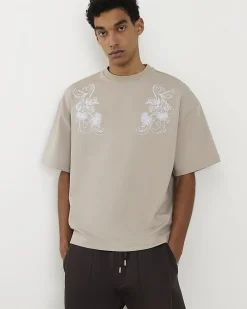 Beige Floral Embroidered Midweight T-Shirt