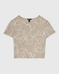 Beige Floral Embroidered T-Shirt
