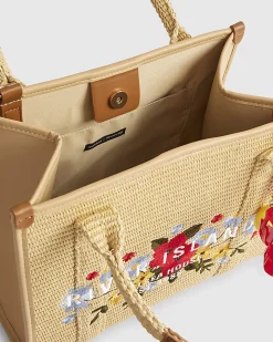 Beige Floral Embroidery Raffia Tote Bag