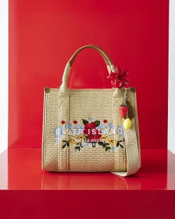 Beige Floral Embroidery Raffia Tote Bag