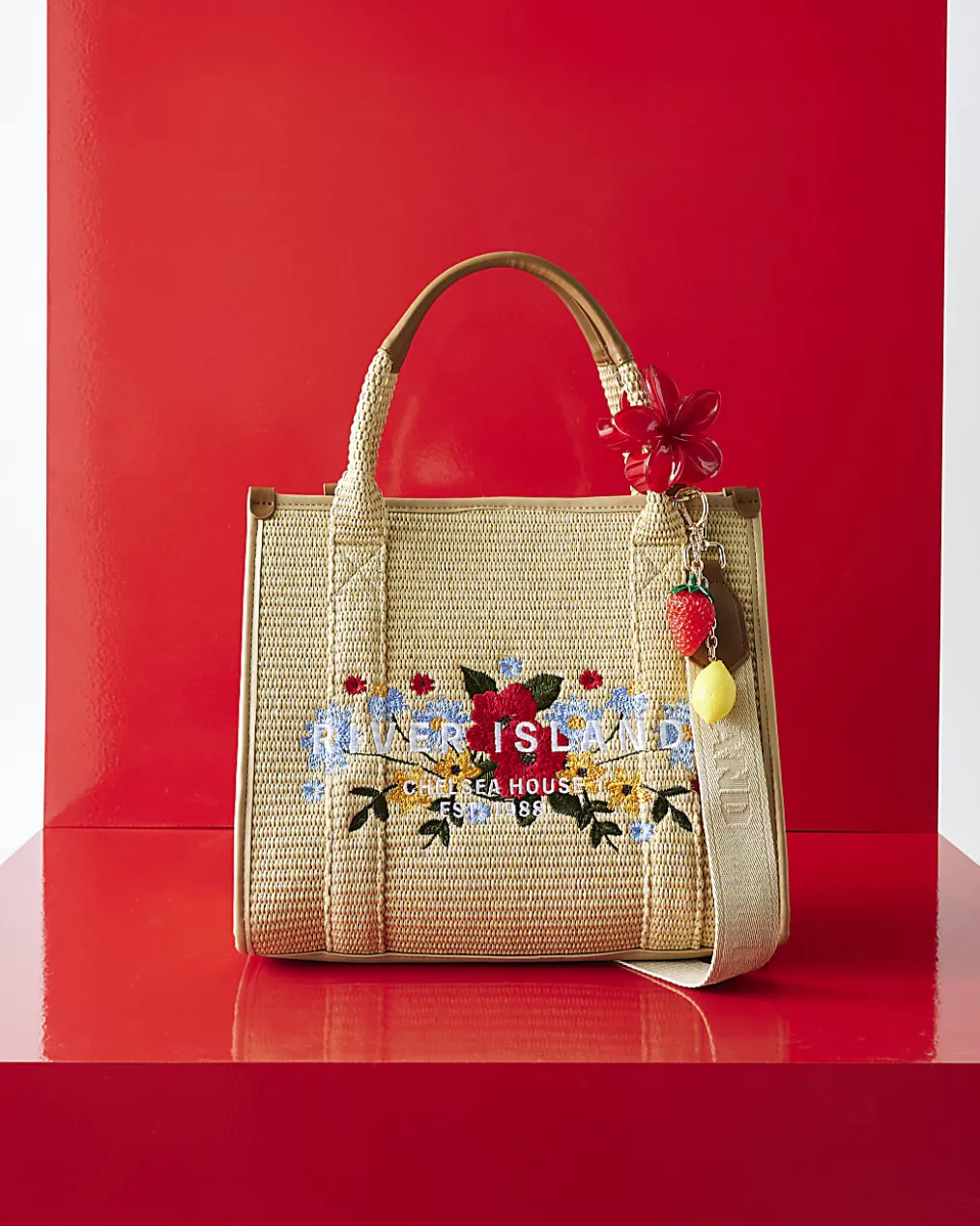 Beige Floral Embroidery Raffia Tote Bag