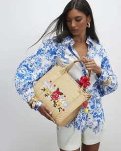 Beige Floral Embroidery Raffia Tote Bag