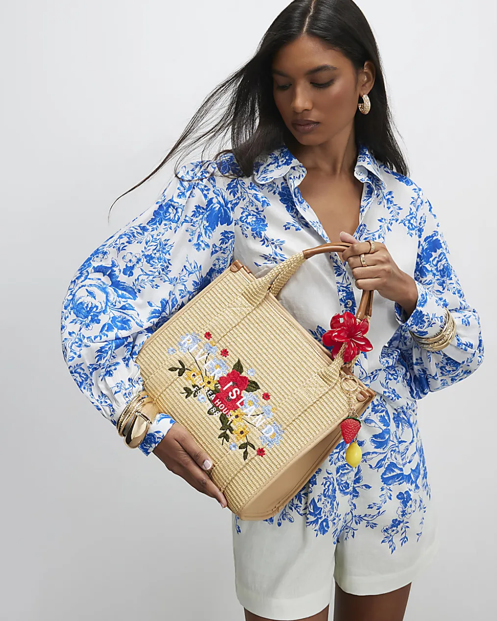 Beige Floral Embroidery Raffia Tote Bag
