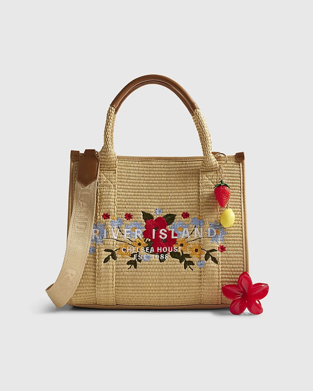 Beige Floral Embroidery Raffia Tote Bag
