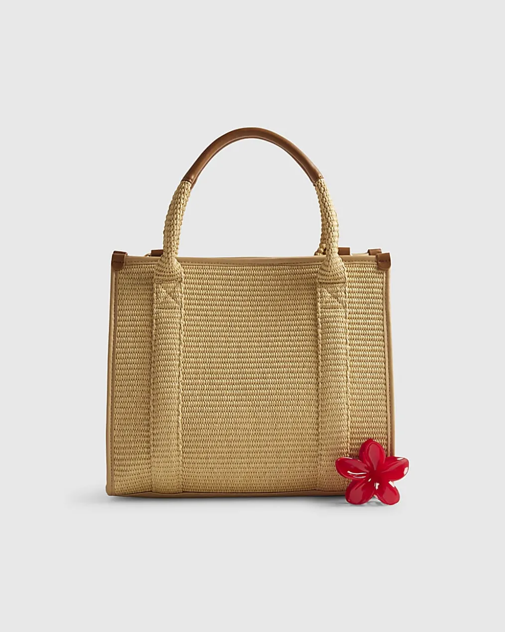 Beige Floral Embroidery Raffia Tote Bag
