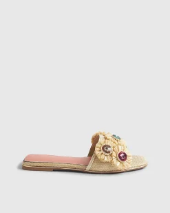 Beige Flower Raffia Flat Sandals