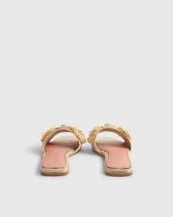 Beige Flower Raffia Flat Sandals