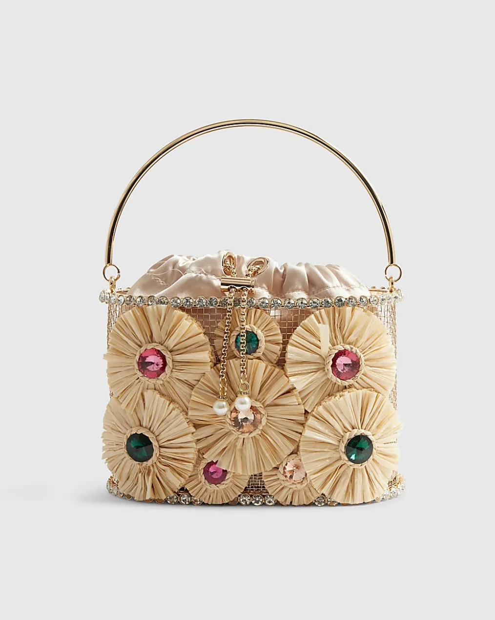 Beige Gem Raffia Flower Basket Bag