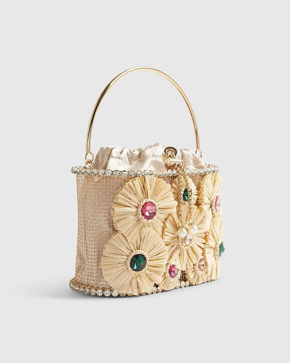 Beige Gem Raffia Flower Basket Bag
