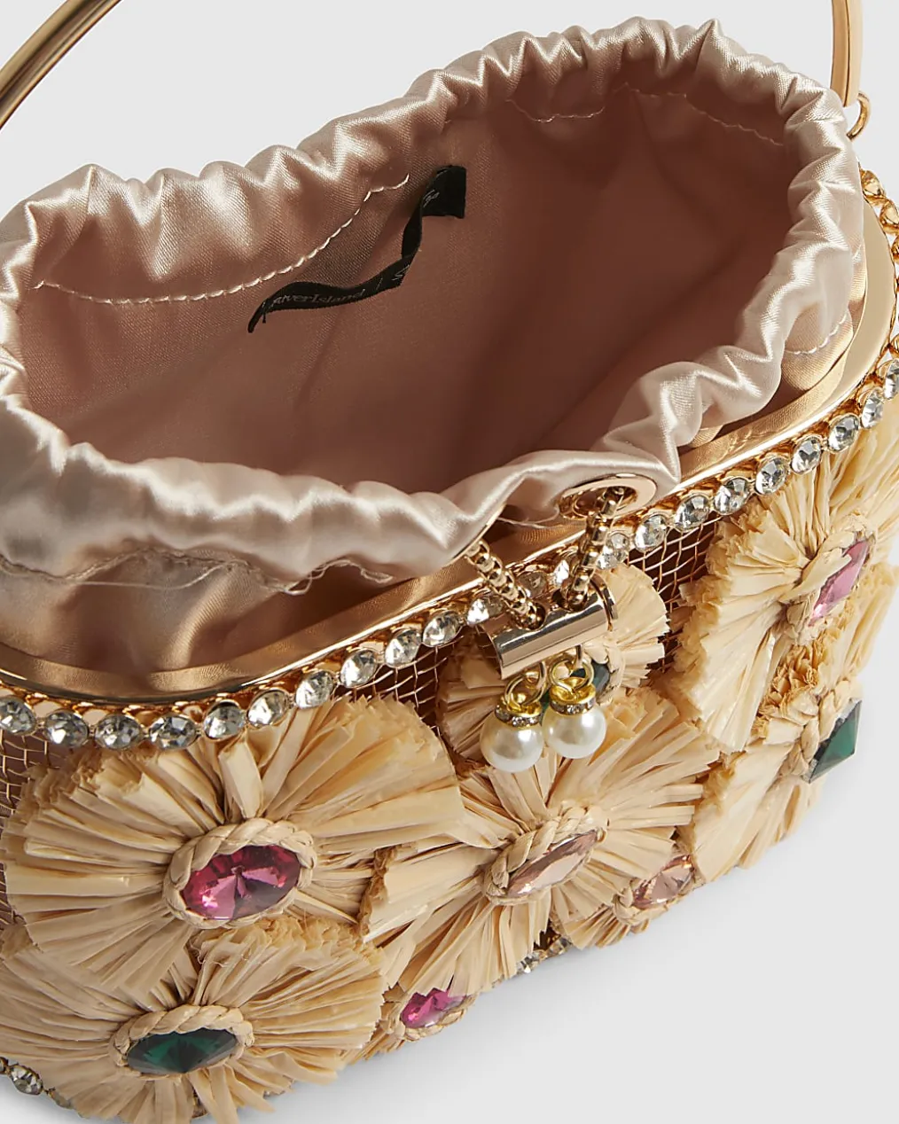 Beige Gem Raffia Flower Basket Bag