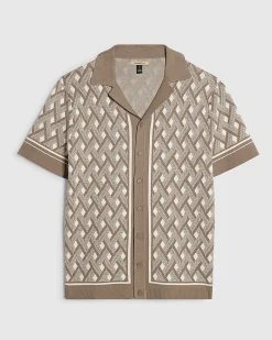 Beige Geometric Knitted Short Sleeve Shirt