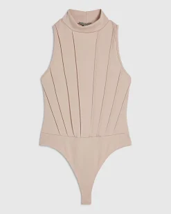 Beige High Neck Seam Trim Bodysuit