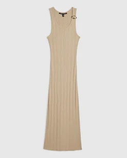 Beige Knitted Ribbed Midi Dress