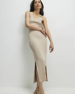 Beige Knitted Ribbed Midi Dress