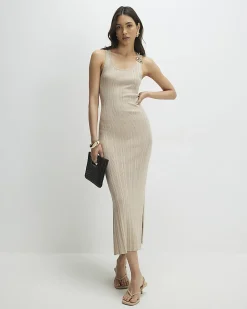 Beige Knitted Ribbed Midi Dress