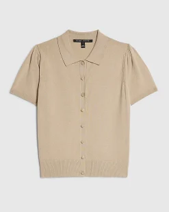 Beige Knitted Short Sleeve Polo Cardigan
