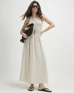 Beige Linen Blend Shirred Midi Dress