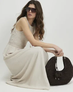 Beige Linen Blend Shirred Midi Dress