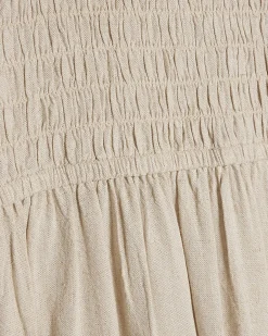 Beige Linen Blend Shirred Midi Dress