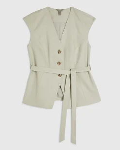 Beige Linen Blend Sleeveless Tie Waist Top