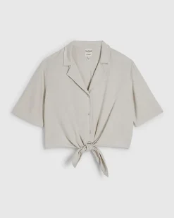Beige Linen Blend Tie Front Shirt