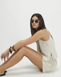 Beige Linen Blend Tie Side Tank Top