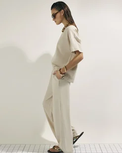 Beige Linen Blend Wide Leg Trousers