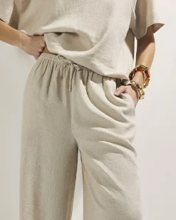 Beige Linen Blend Wide Leg Trousers
